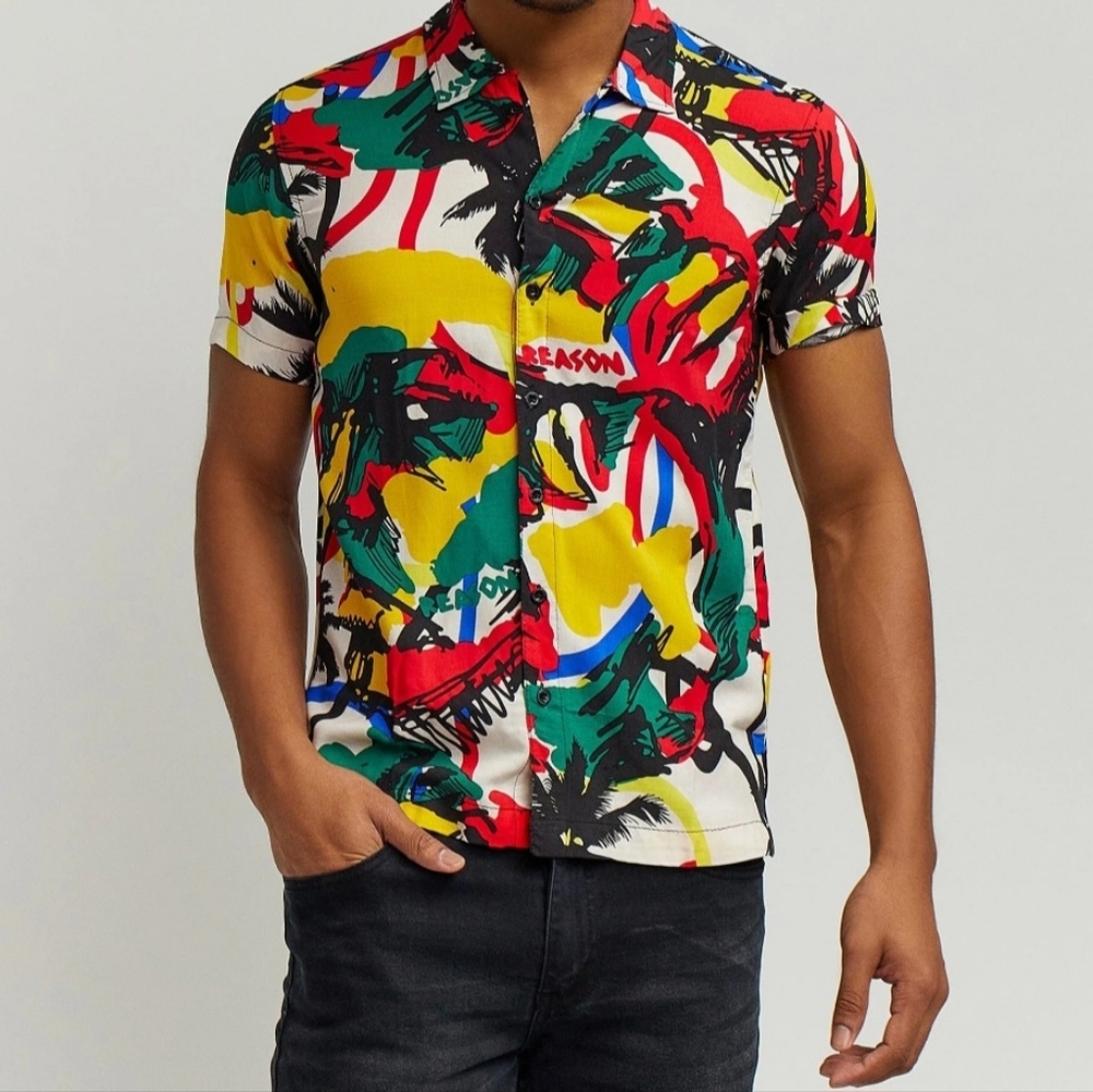 Reason Brand Isle All Over Print Button Down Shirt NWT Size Large BZ3199